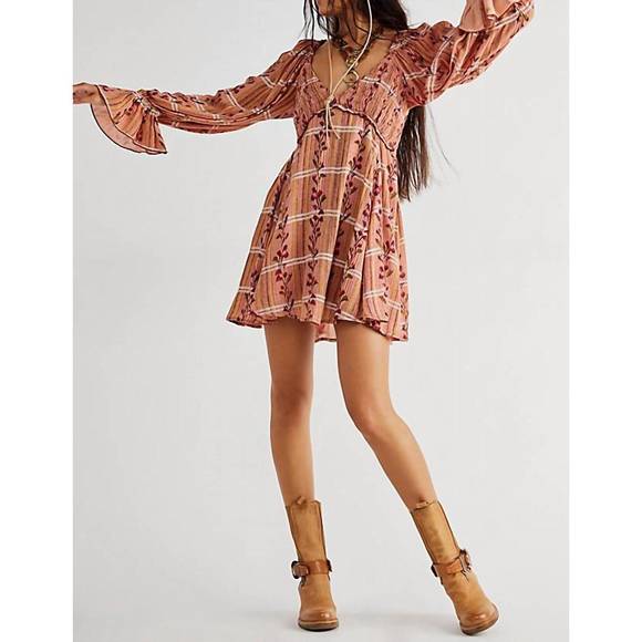 NEW FREE PEOPLE jackie tunic mini dress in rust combo - Picture 1 of 3
